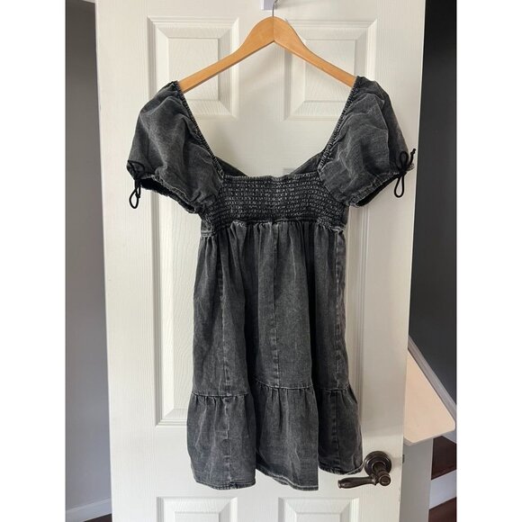 Shein Black Washed Puff Sleeve Mini Dress Square Neck Cottagecore Y2K XS - Picture 4 of 5